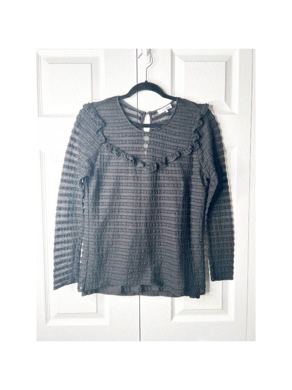 Parker Carmen Black Lace Ruffle Long Sleeve Sheer Top Women's Size Large L